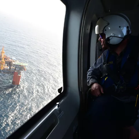 Offshore inspection view from aircraft approaching a production platform